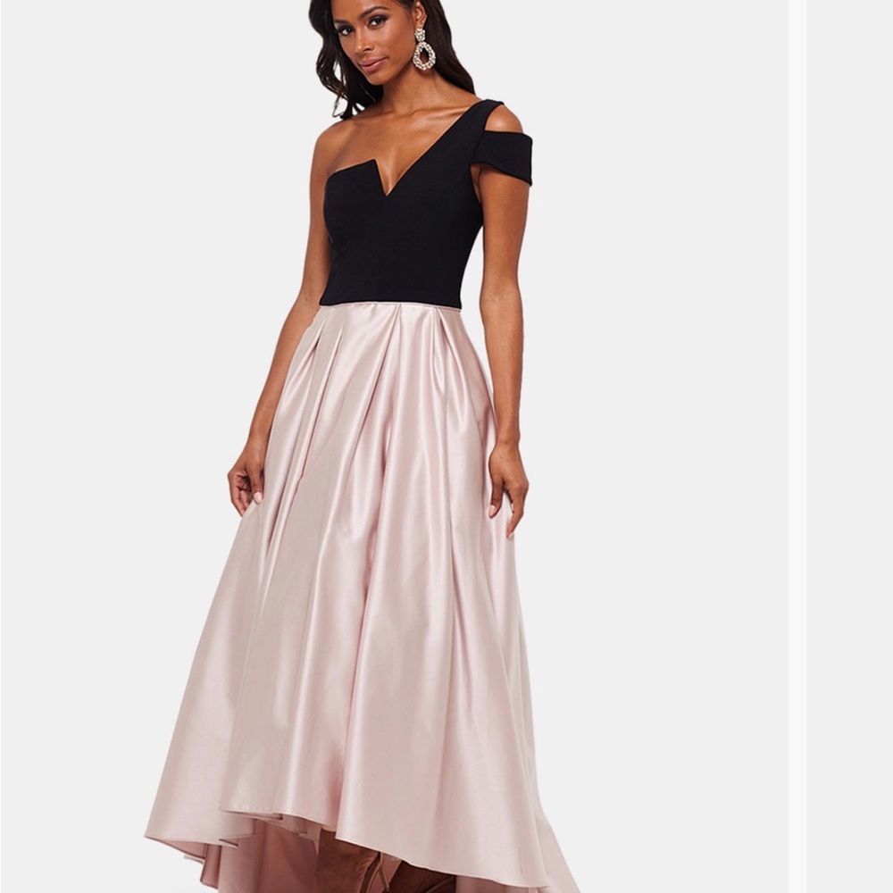 Betsy & Adam One-Shoulder Black and pink ballGown formal dress